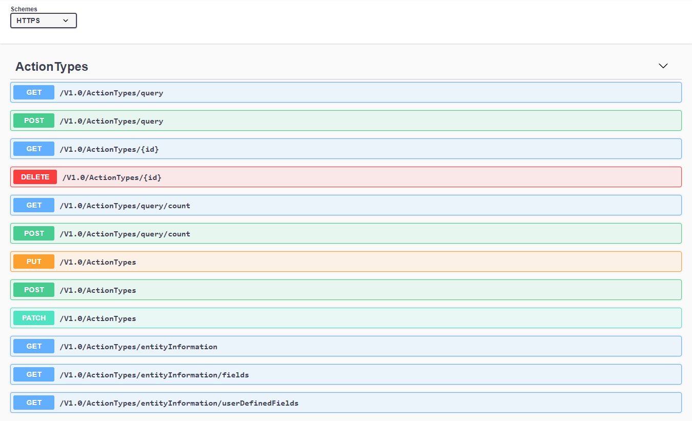 The ActionTypes entity shown in Swagger UI with its fields expanded.